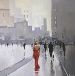 painting of woman walking outside in red dress