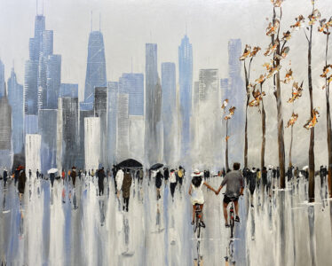 painting man and woman riding bikes holding hands