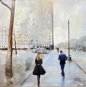 painting of man and woman walking rain