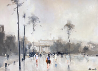 painting of woman walking outside