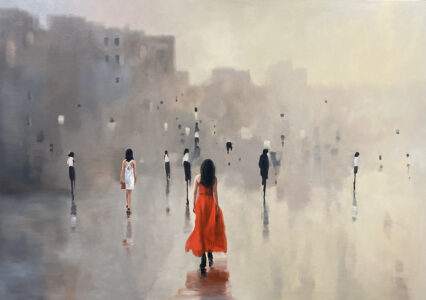 painting of woman in red dress