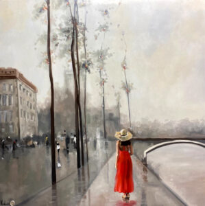 painting of woman outside in red dress