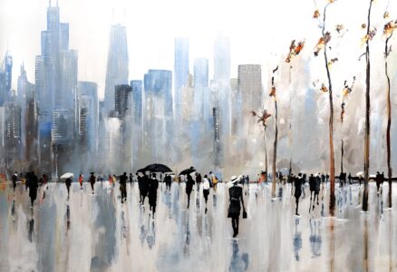 painting of people walking outside