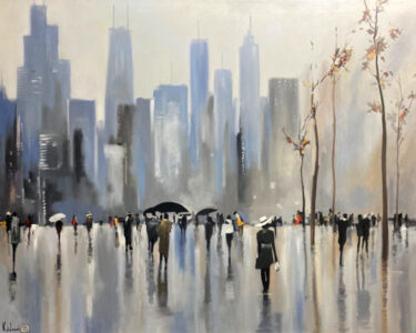 Painting of people walking outside